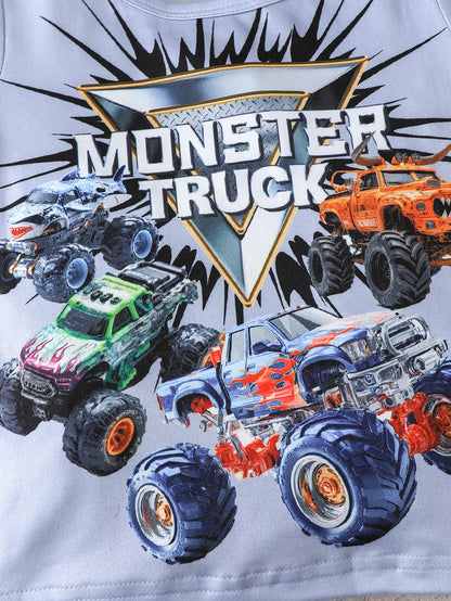 Boys' set car letter pattern positioning print round neck short sleeved T-shirt paired with shorts cool boys' two-piece set