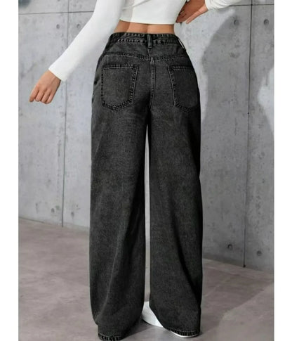 Women's Classic Wide Leg Stretch Jeans with Button  Soft Comfortable Autumn Winter Vintage Wash Stylish Jeans High Street Pants