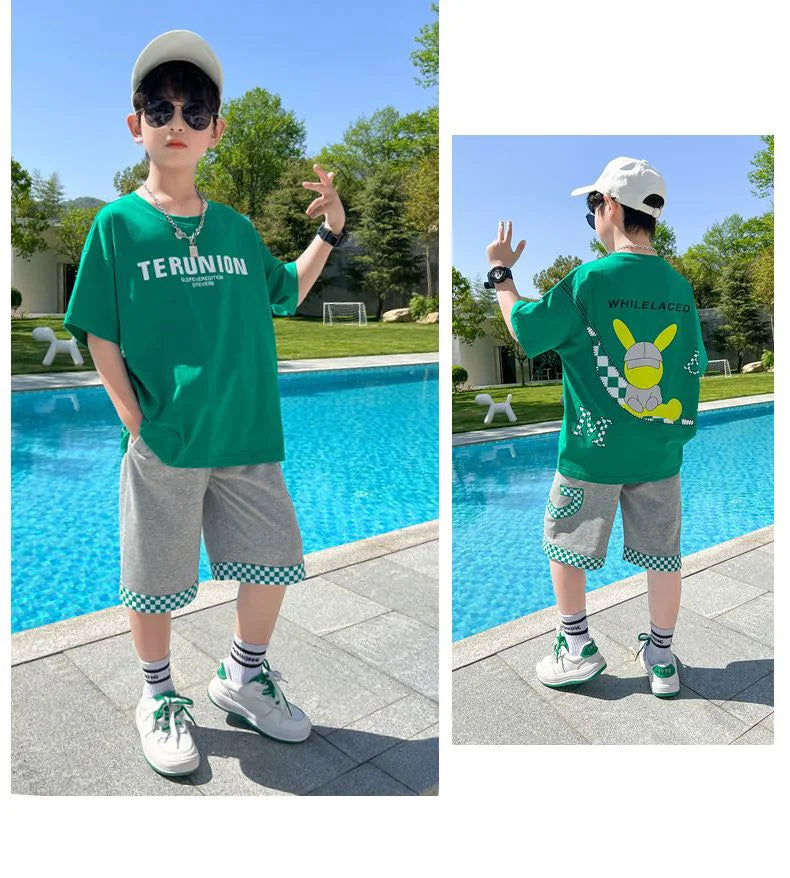 Summer Boys Cotton Alphabet Cartoon T-Shirt Tops+Patchwork Plaid Shorts Pant Set School Kids Tracksuit Child 2PCS Outfit 5-14Yr
