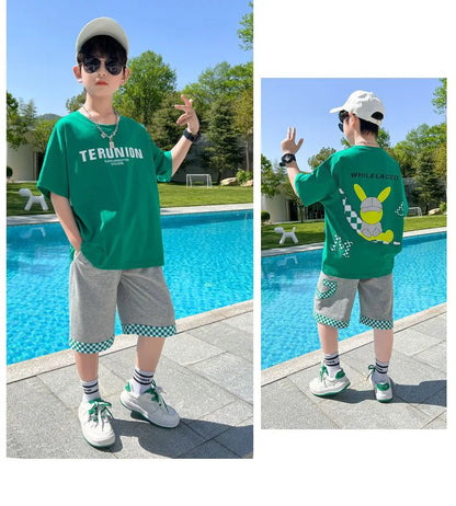 Summer Boys Cotton Alphabet Cartoon T-Shirt Tops+Patchwork Plaid Shorts Pant Set School Kids Tracksuit Child 2PCS Outfit 5-14Yr