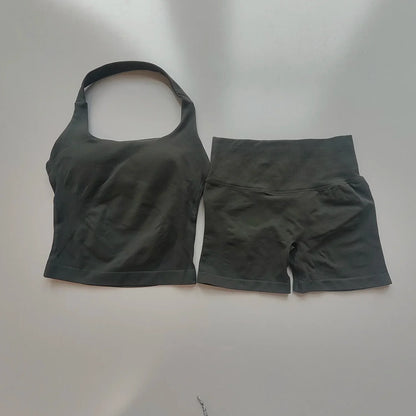 Sexy Halter Neck Beautiful Back High Waist Peach Sports Bras Shorts Suit Pilates Gathering Yoga Vest Training Fitness Bra Sets