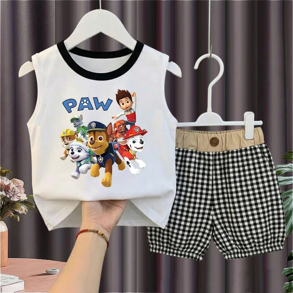 2026 Summer Children's Casual Outfits PAW Patrol Printed Boys Plaid Shorts Sets Kids Sleeveless Vest Bottom Two Piece New