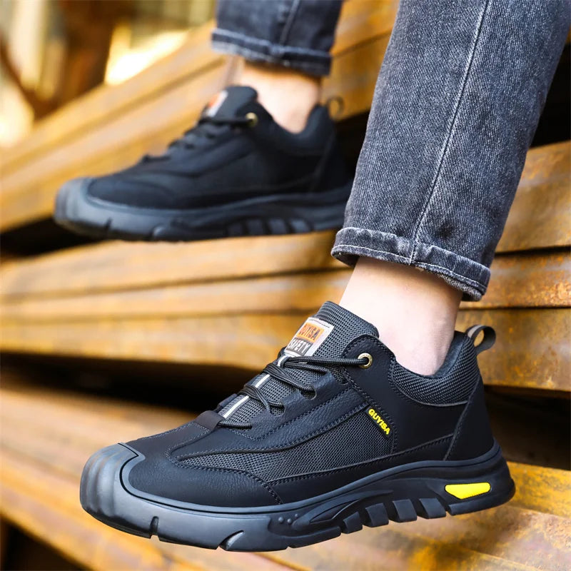Black Leather Work Safety Shoes Waterproof Indestructible Steel Toe Cap Labor Shoes For Men Breathable Anti Smashing Sneakers