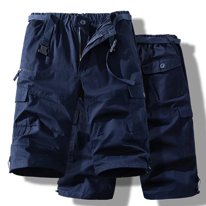 Man Shorts Casual Pants Light Weight Cotton Long Shorts Below Knee 3/4 Pants Elastic Waist with Belt Cargo Shorts