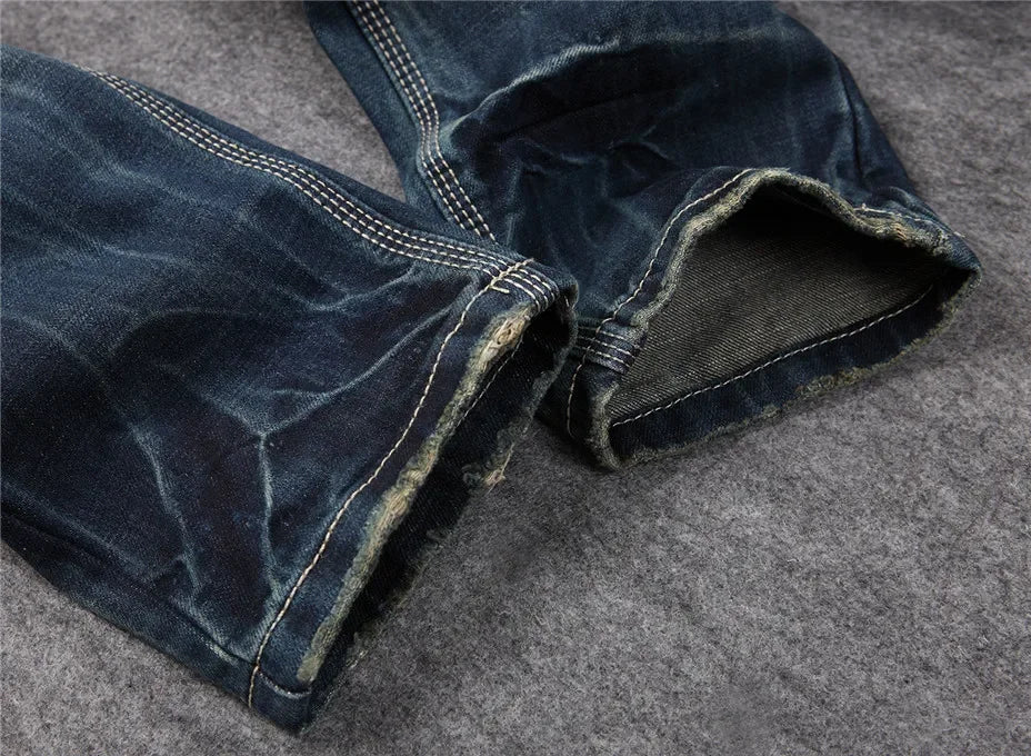 Men's Personalized Ripped Jeans Retro Distressed New Style Straight Slim Fit Casual High Street Fashion Denim Long Pants Male