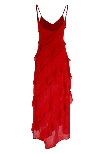 2024 Summer Fashion New Elegant Women's Sexy Chiffon Vacation Style Sling Dress with Ruffle Edge Style Long Dress