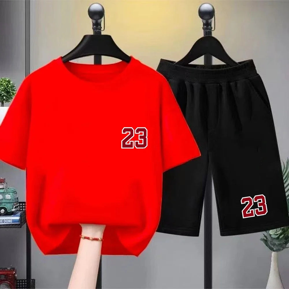 Kids T-shirt Basketball No. 23 Summer Round-Necked Print Boy Girls 3-12Years Top+Shorts Two-piece Set Simple Casual Handsome Set