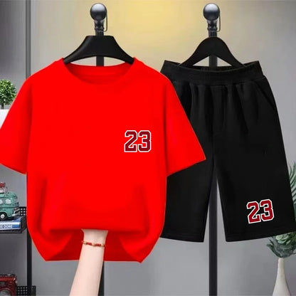 Kids T-shirt Basketball No. 23 Summer Round-Necked Print Boy Girls 3-12Years Top+Shorts Two-piece Set Simple Casual Handsome Set