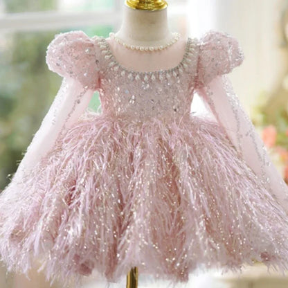 Fashion Baby Girl Princess Sequins Feather Dress Puffy Sleeve Toddler Child Pearl Vestido Party Birthday Baby Clothes 2-14Y