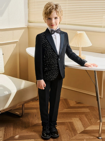 Exquisite Beaded Boys Suits 3 Pieces Jacket Pants Bow-tie Birthday Party Wear Handsome Kids Suit Set For Performance