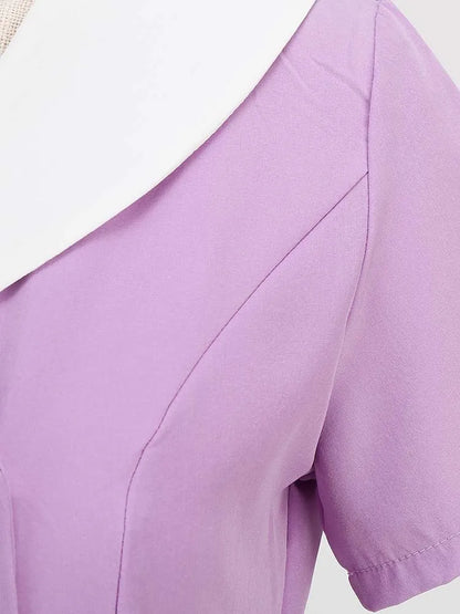 Summer Midi Dress Women Elegant Pink Vintage Party Sundress Casual Peter pan Collar Short Sleeve Dress