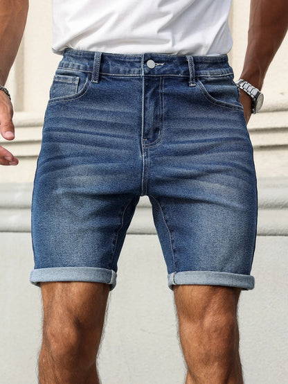 Men's Summer Denim Shorts, with a Blue Retro Texture. The Style Is Simple, Casual, and Street-Style.