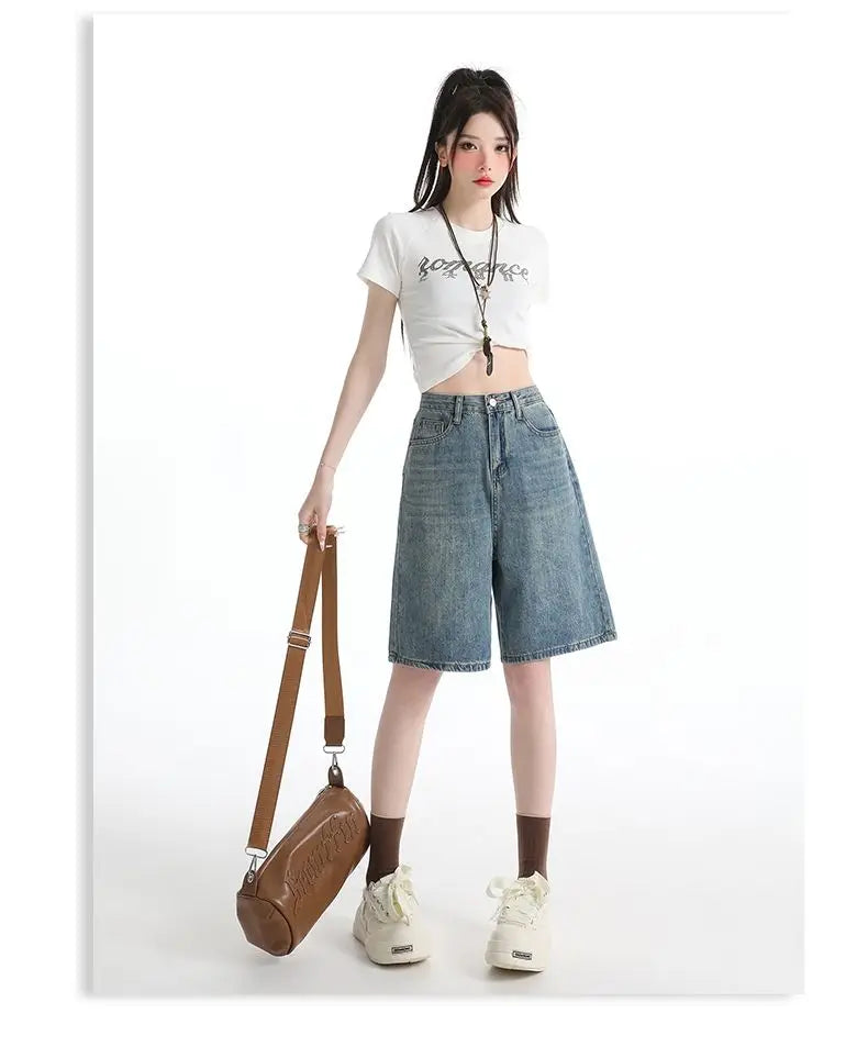 Women's High Waist Wide Leg  Y2K American Retro Washed Five-Point Denim Shorts Summer Loose Slim Straight Cut Mid-Length Pants