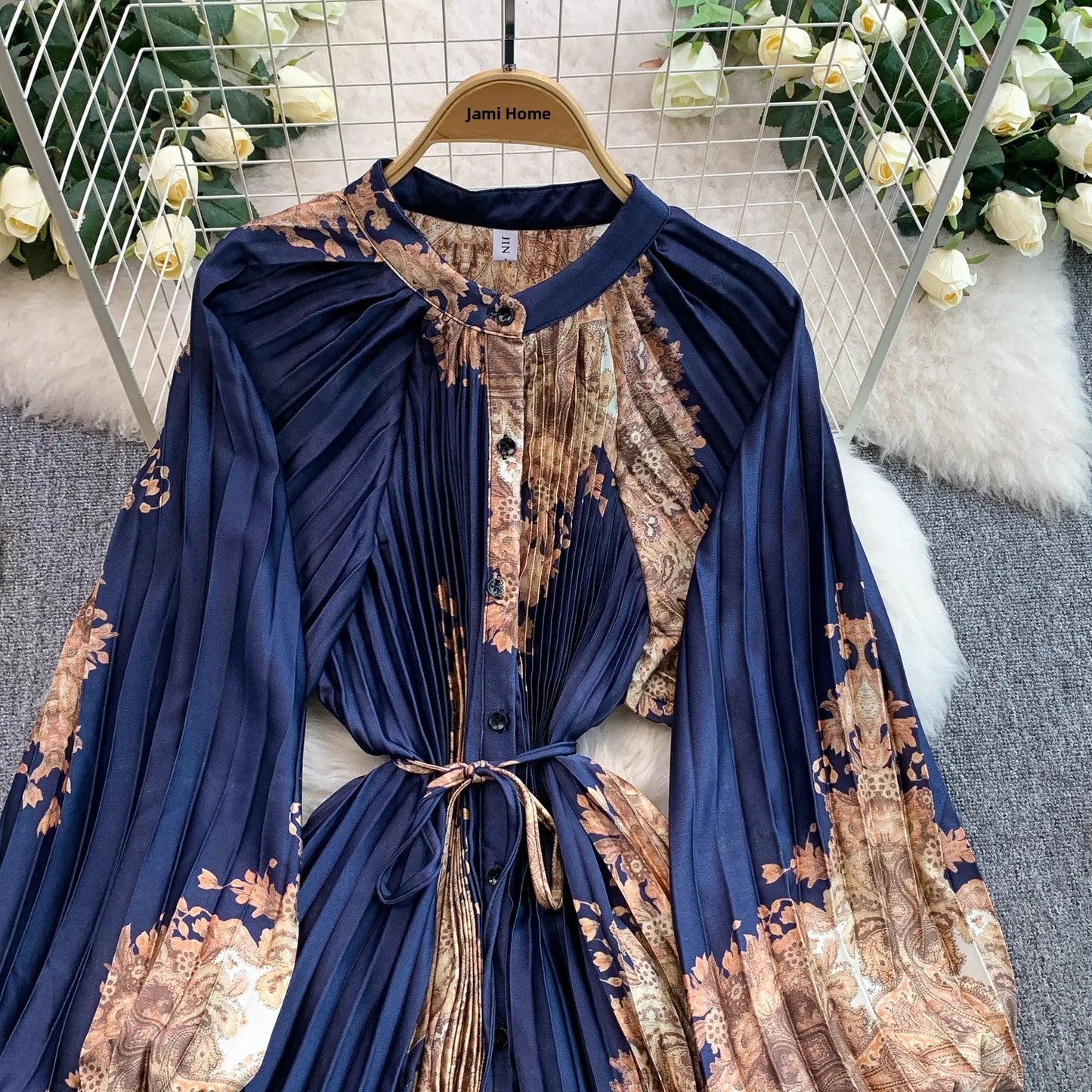 Ele Printed round Ne Lantern Sve Dr Women's Single Button Waist Cinch Maxi Skirt Long Dr Commute Sle Autumn