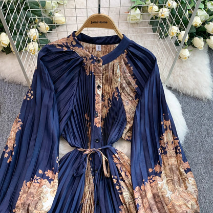 Ele Printed round Ne Lantern Sve Dr Women's Single Button Waist Cinch Maxi Skirt Long Dr Commute Sle Autumn