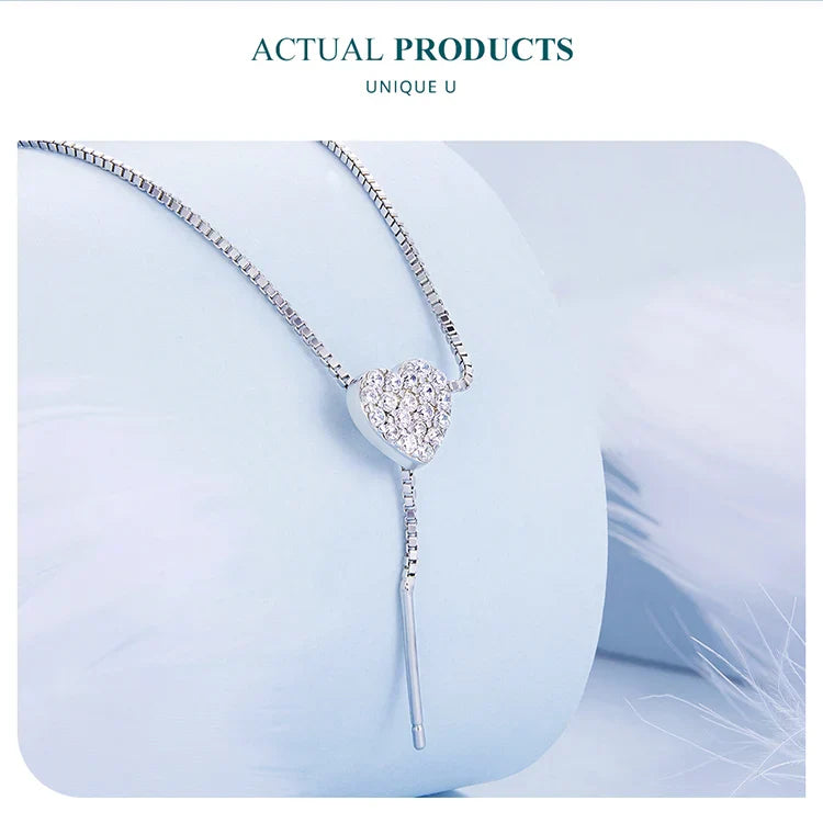 925 Sterling Silver Brilliant Heart Necklace for Women Minimalist Long Box Chain Choker Fine Jewelry Party Gift BSN260