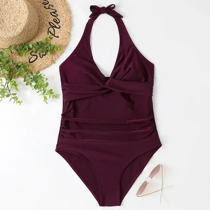 2026 New Wrinkled Halter V Neck One Piece Swimsuit Women Swimwear Female Monokini Backless Bathing Suit Swim Beachwear Bodysuit