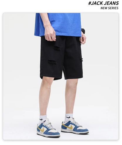 Summer New White Casual Men's Denim Shorts Ripped Fashion Loose Straight Street Bermuda Jeans Male Hole Short Pants