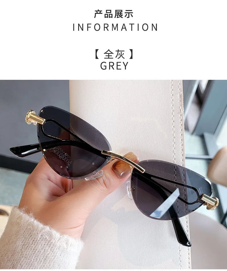 Rimless Cut Edge Cat Eye Sunglasses Gem Inlay Hollow Metal Temple UV400 Gradient Lens Shades for Women Daily Outdoor Sun Glasses