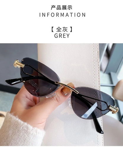 Rimless Cut Edge Cat Eye Sunglasses Gem Inlay Hollow Metal Temple UV400 Gradient Lens Shades for Women Daily Outdoor Sun Glasses