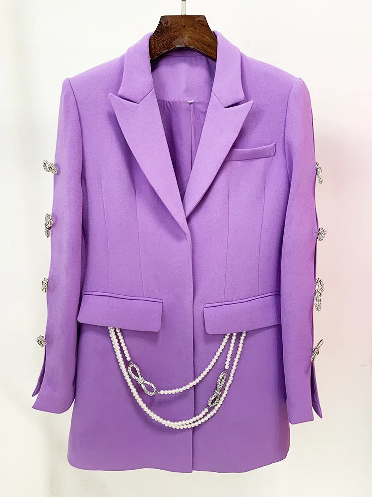 HIGH STREET Newest 2026 Designer Stylish Fashion Women's Pearls Chain Diamonds Beaded Hollow Out Bow Sleeve Blazer Dress