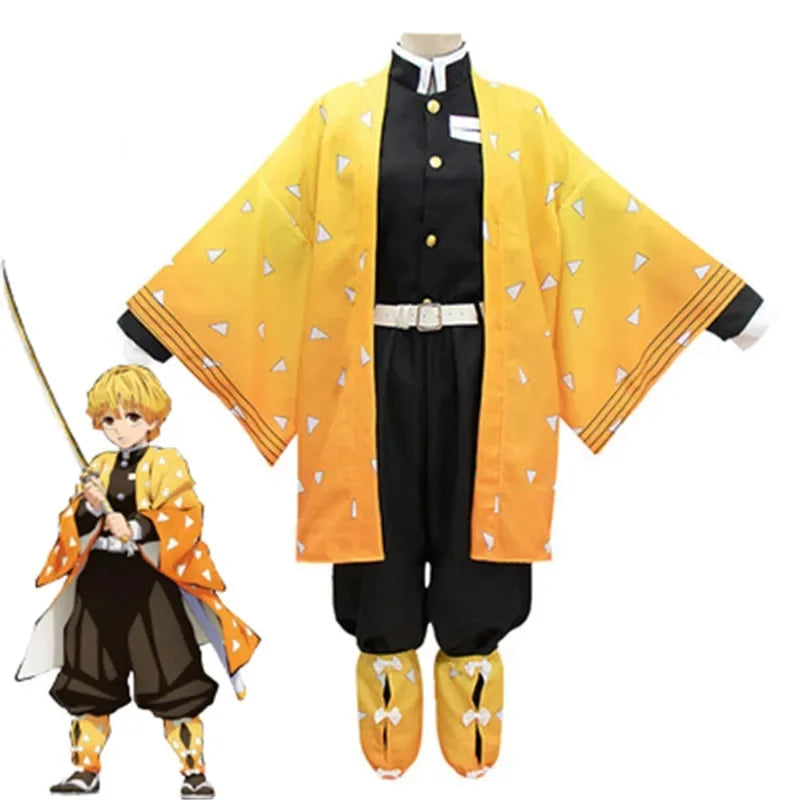 Adult and Kids Anime Demon Slayer Kimetsu No Yaiba Agatsuma Zenitsu Costume Cosplay Kimono Uniform Halloween Party Costumes