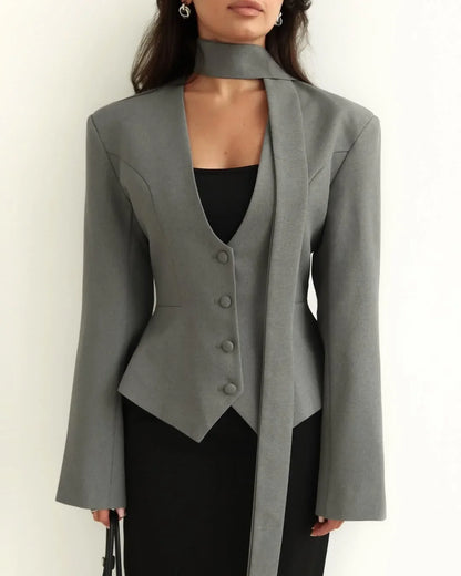 Single Breasted Coat Women's V Neck Scarf With Long Sleeve Waist-Cinching Blazer Jacket Lady Casual Slim Commute Coat