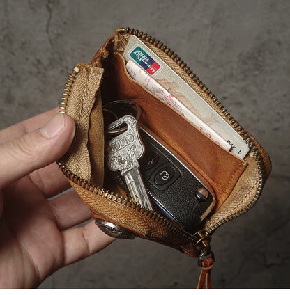 Top Cowhide Car Key Bags Men Women Vintage  Zipper Coin Purse Genuine Leather Wallet Card Holde ‌Housekeeper Home Organizer