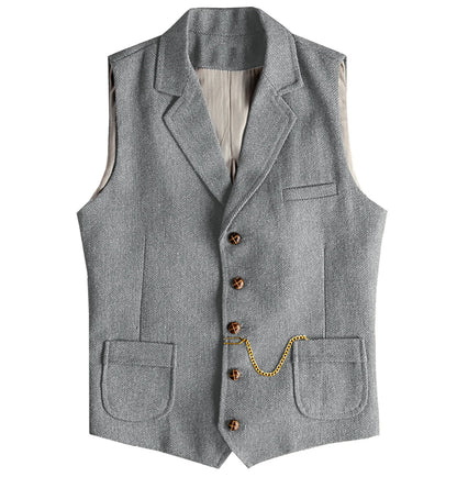 Men's Vintage Herringbone Waistcoat Single Breasted Notch Lapel Formal Vest Business Sleeveless Suit Gilet For Wedding Party