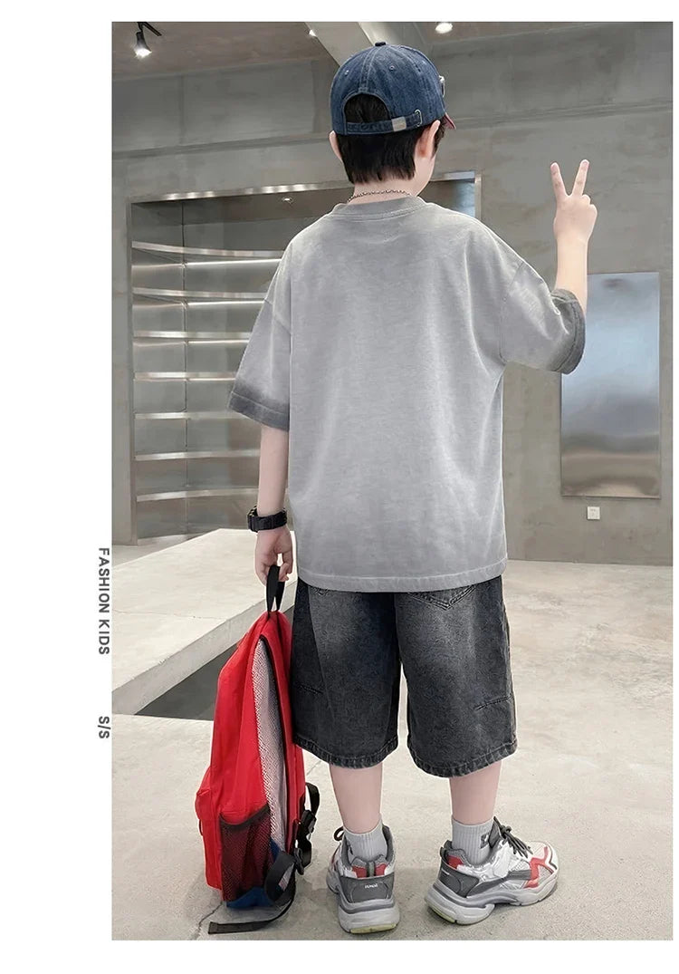 Luxurious Teen Boys Set For Child Elegant T-shirts + Denim Shorts 2PCS Clothes Set Summer Kids Luxury Clothing Set Age 6 To 16 Y