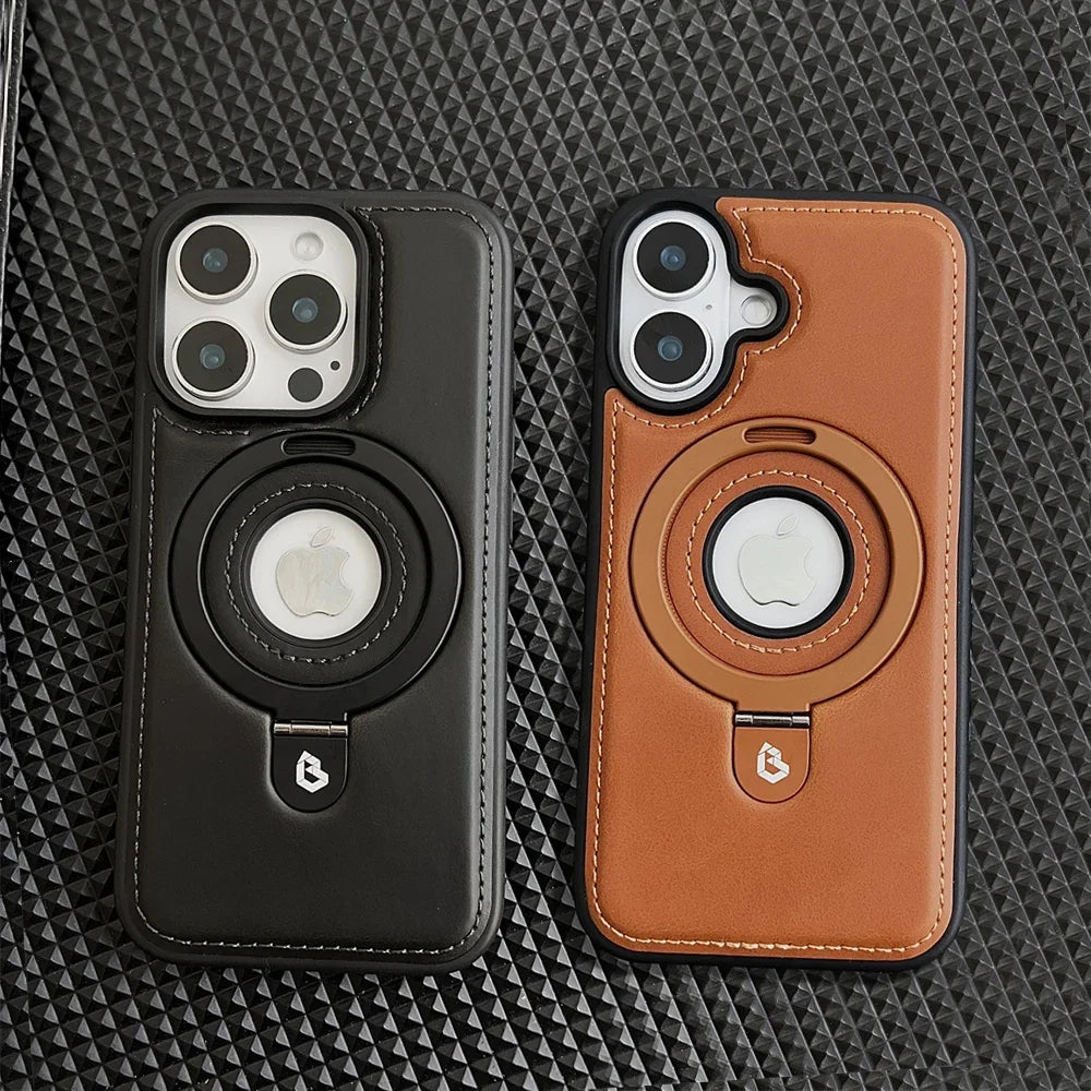 Luxury Leather Metal Magnetic Ring Stand Magsafe Case For iPhone 17 16 15 14 13 12 Pro Max Plus 17Air Business Hollow Logo Cover