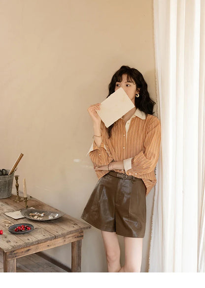 Loose Striped Shirt for Women Autumn 2025 Contrasting Lapel Top Single Breasted Patchwork Shirts Office Lady MXD41C0286