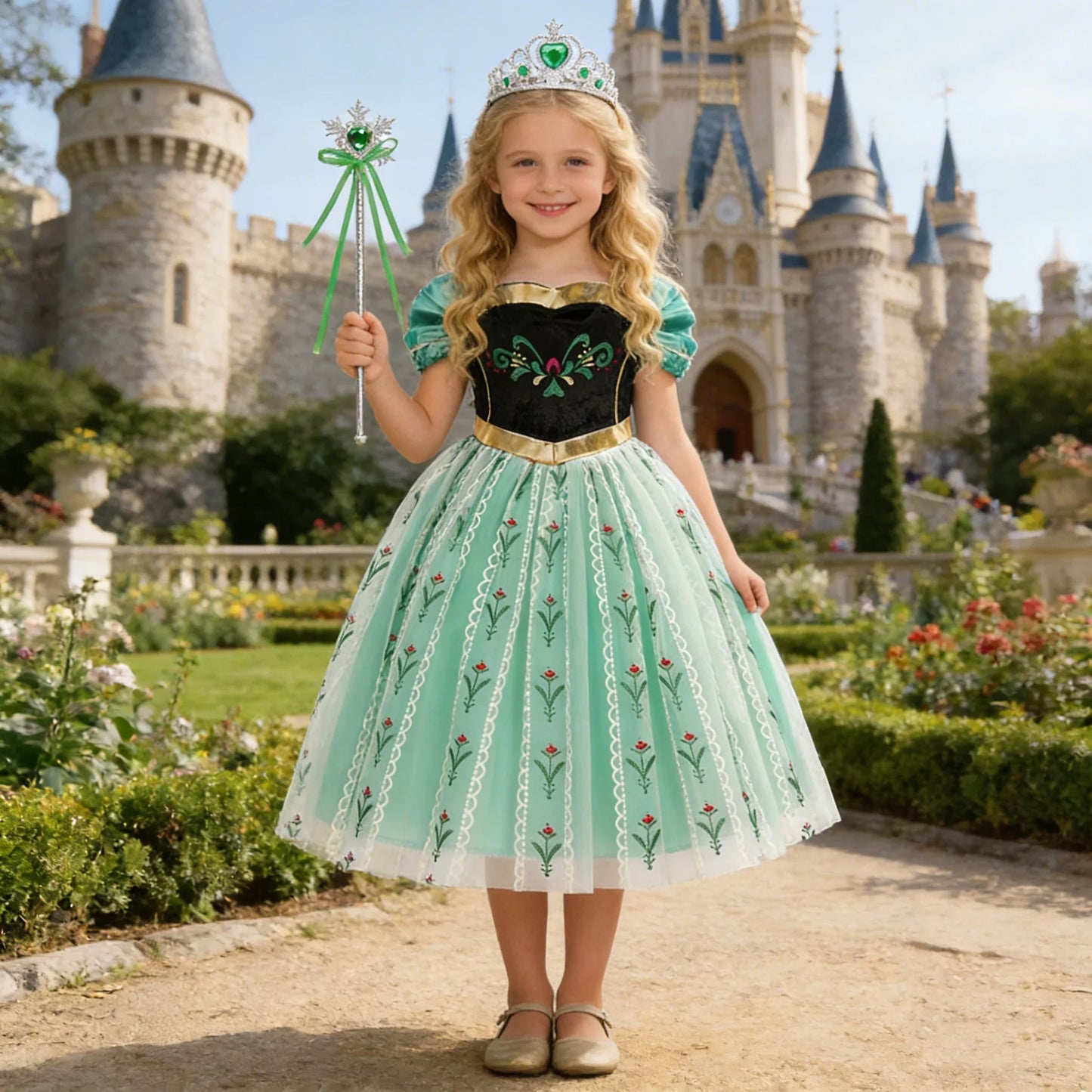 Elsa Anna Dress for Girls Short Sleeve Dress Snow Queen Floral Print Dress Cosplay Birthday Party Children Kids Carnival Clothes
