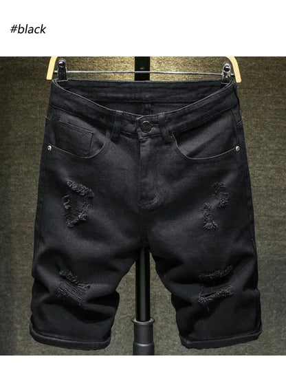 2024 New Summer Men's Casual Fashion Straight Denim Shorts Simple Ripped Streetwear Slim Fit Denim Shorts Male Black White