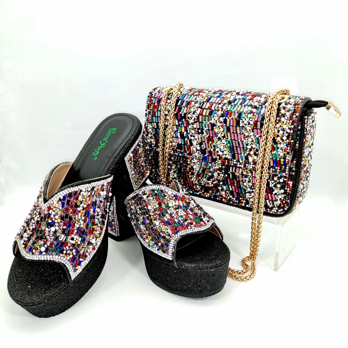 Italian Design Fashion Crystal Fish Mouth High Heels Elegant, Exquisite, And Mature Women's Sandals And Square Bag Set