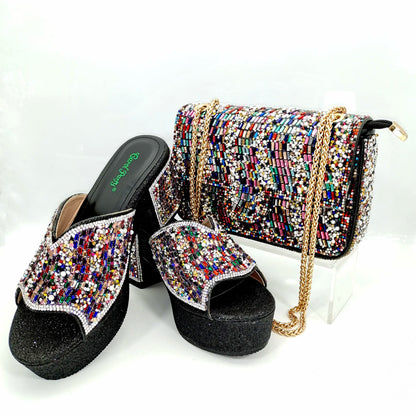 Italian Design Fashion Crystal Fish Mouth High Heels Elegant, Exquisite, And Mature Women's Sandals And Square Bag Set