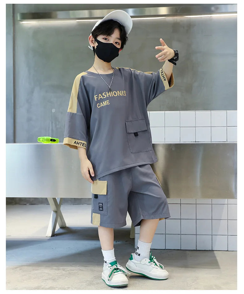 Summer Boys Patchwork Alphabet Half Sleeves T-Shirt Tops+Shorts Pant School Kids Tracksuit Child 2PCS Outfit Workout Set 5-16 Yr