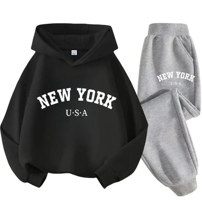 Children Hoodie Set Autumn Winter New York USA Letter Graphic Sweatshirt Pant Suit Baby Boy Girl Kid Sport Two Pieces Tracksuit