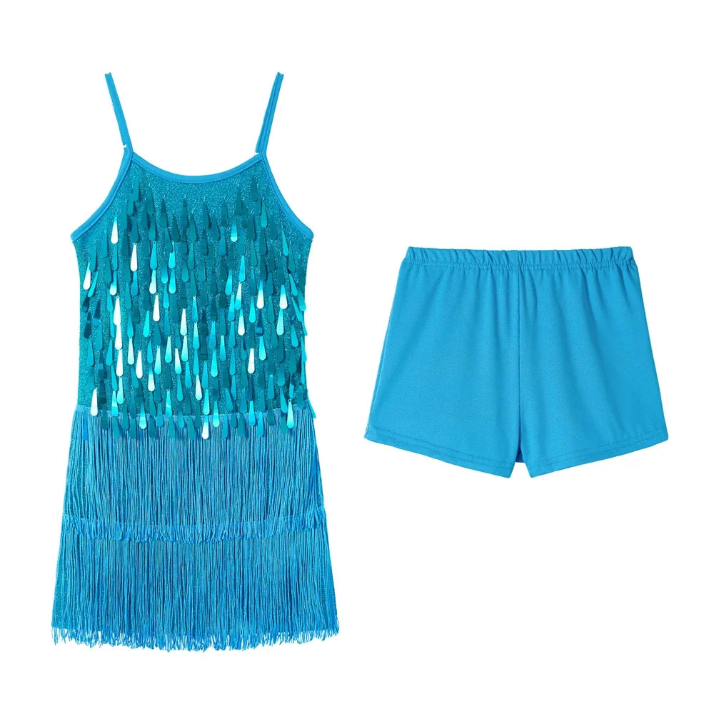 LOlanta 2Pcs Girls Sequin Latin Dance Dress Tassel Salsa Dancewear Sequin Fringe Dress Performance Outfits