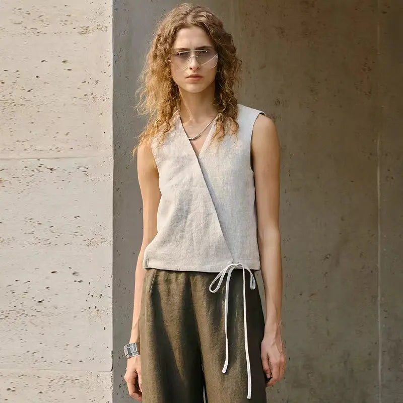 100% Linen Women's V-Neck Short Vest Tank Top 2026 New Arrival Summer Casual Sleeveless Tie-Front Linen Tops Camison Verano