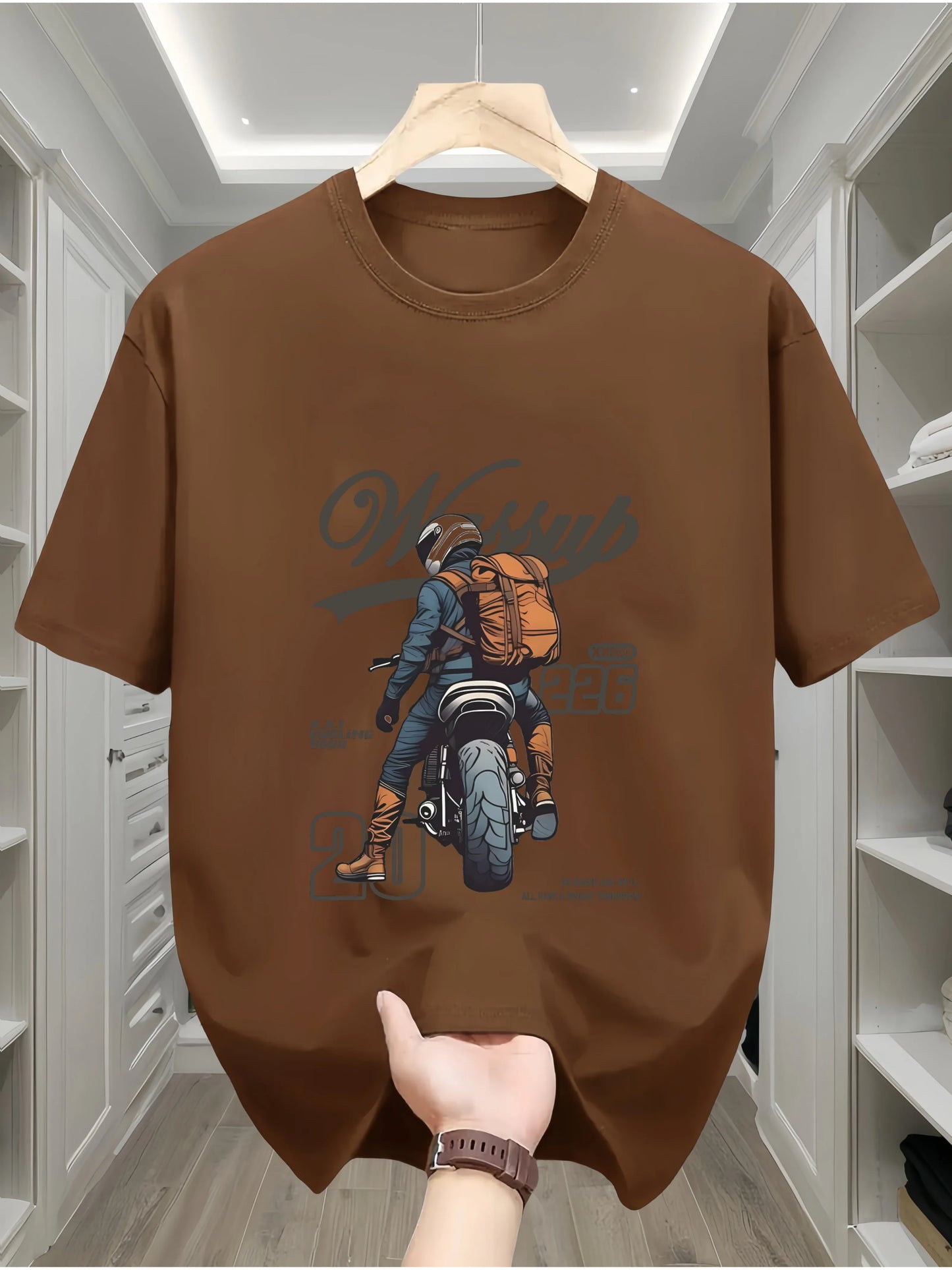 Summer men's 100% pure cotton casual loose oversized classic motorcycle creative printed round neck short sleeved T-shirt top