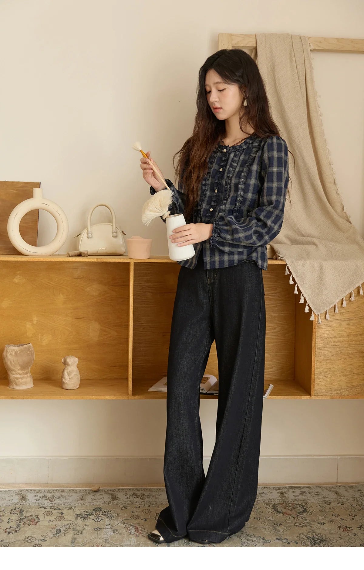 Women's Vintage Blue Plaid Shirt 2025 Autumn New Elegant Luxury Loose Waist Shirts Round Neck Long Sleeved Top MXE45X2480