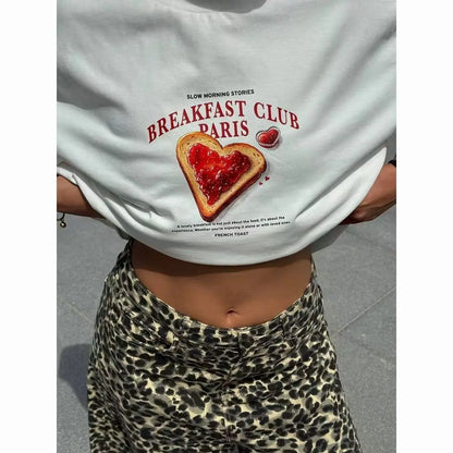 American 100% Pure Cotton Cartoon Retro Heart-Shaped Pomegranate Print Summer Vacation Loose Casual Women's T-shirt