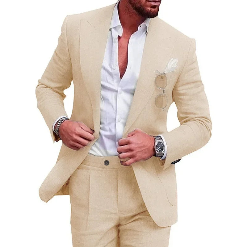 Linen Causal Men Suits for Beach Party Solid Color Business Two Pieces Wedding Tuxedo Set Peak Lapel Suit Jacket with Pants