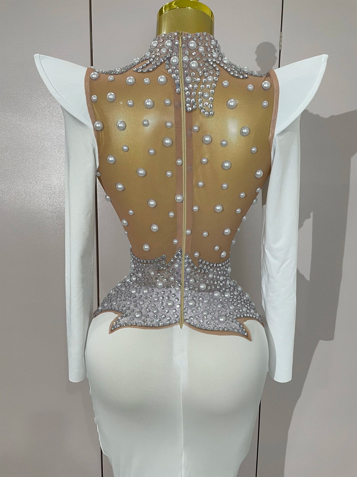 Luxury Sparkly Diamonds Pearl White See Through Mesh Long Dress Women Wedding Evening Party Stage Performance Photoshoot Dress