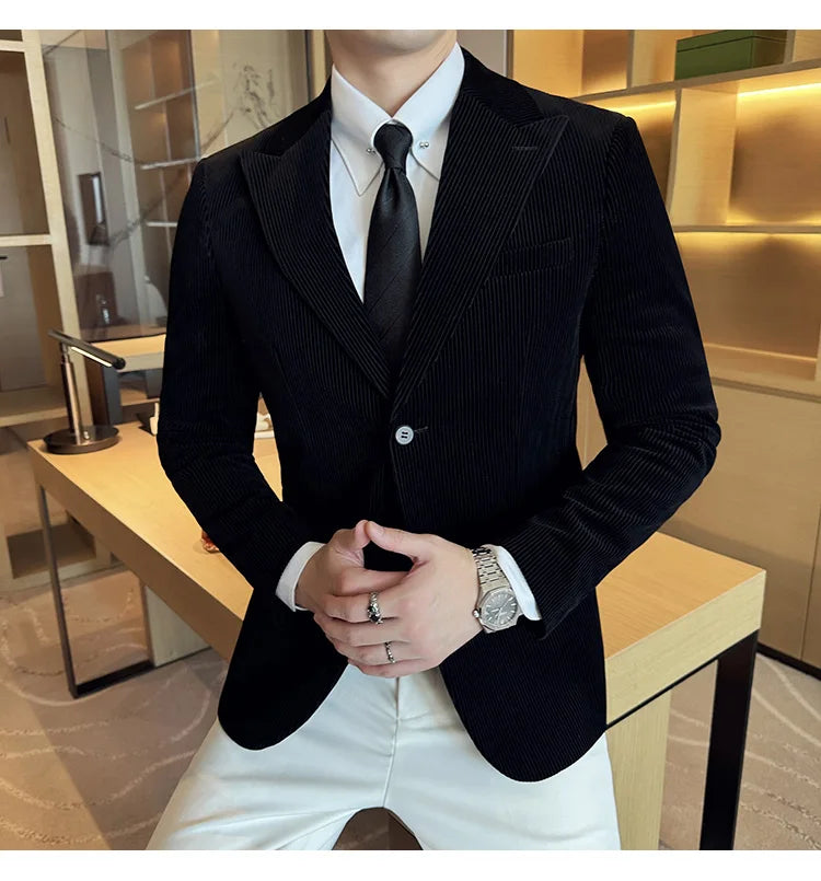 Stripe Suit Jacket For Men Autumn Winter Business Slim Fit Tailcoat Formal Wedding Party Fashion Casual Suit Coat 4XL-M