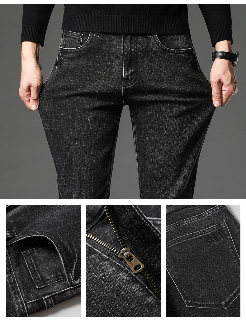 2025 Fall New Men's Cotton Stretch Slim Jeans Straight Version Business Fashion Denim Pants Vintage Blue Brand Trousers Black