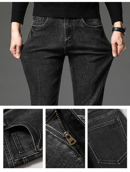 2025 Fall New Men's Cotton Stretch Slim Jeans Straight Version Business Fashion Denim Pants Vintage Blue Brand Trousers Black