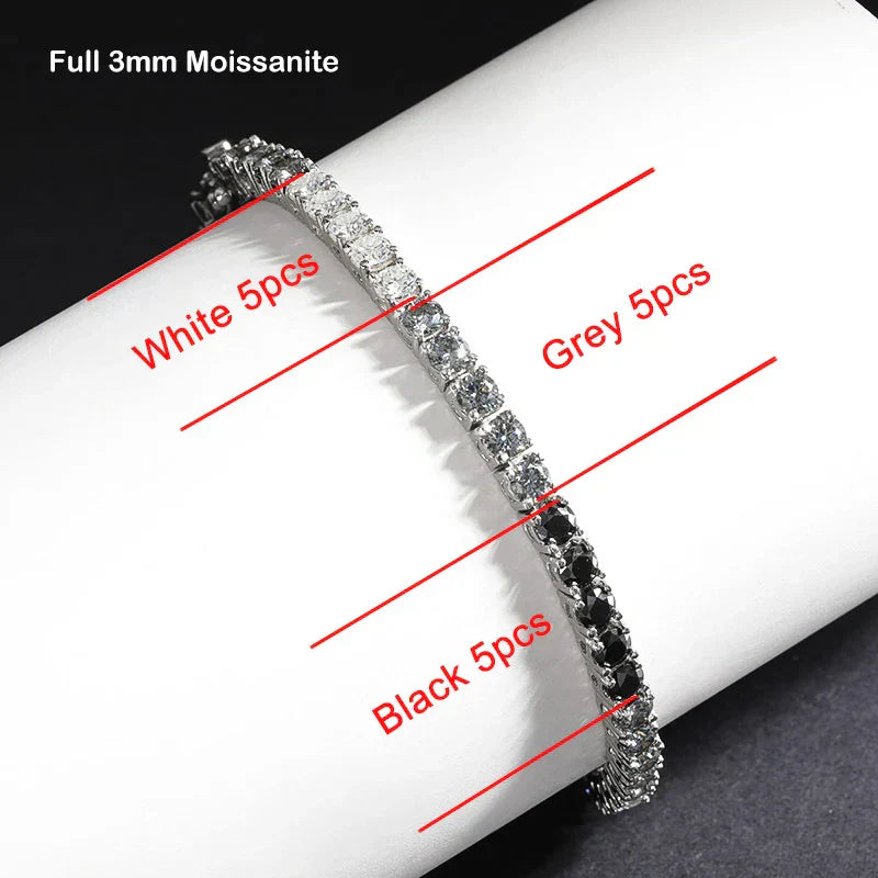 GRA Certified 3mm 0.1CT Gradient Color Black Grey White Moissanite Tennis Bracelet for Men Woman 925 Silver Link Bracelets