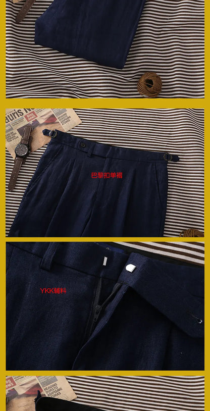 Navy pure linen Paris button micro-tapered slacks Italian casual single-pleat suit pants for men customized